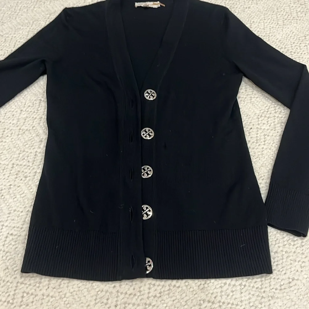 Tory Burch Black Button-Front Logo Cardigan
